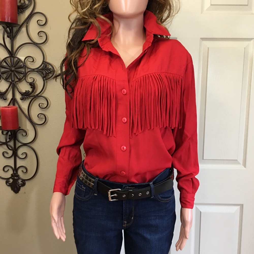 Red fringe western button down blouse